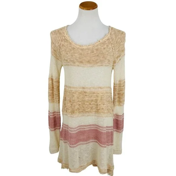 Free People Striped Distressed Knit Mini Dress | Coastal Grandmother Grunge Boho - Picture 3 of 16